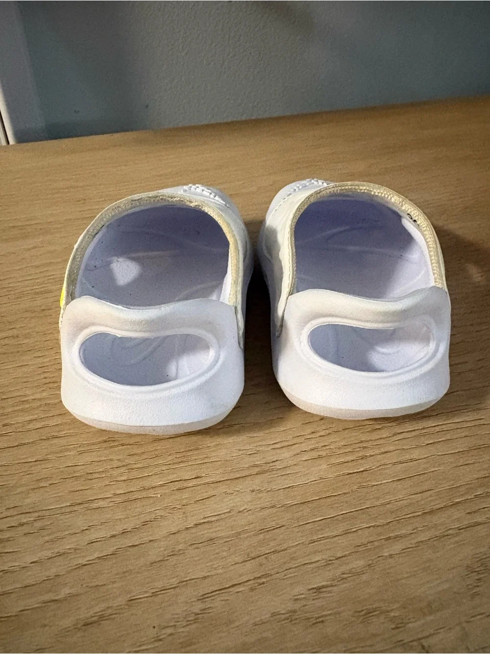 Nike toddler Aquaswoosh White Slip-On Sandals with Neon Yellow Swoosh Accent